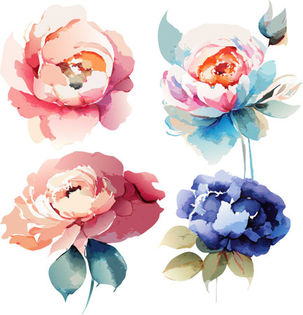Set of watercolor peonies. Hand-painted flowers. Vector illustration.のイラスト素材