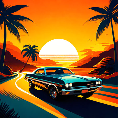 Vintage Car Cruising Down a Palm-Lined Roadの素材