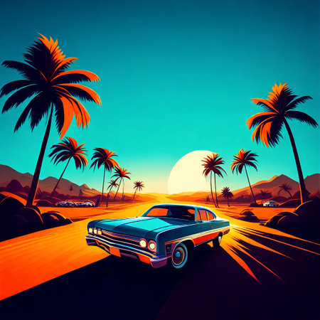 Vintage Car Cruising Down a Palm-Lined Roadの素材