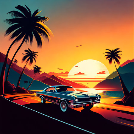Vintage Car Cruising Down a Palm-Lined Roadの素材