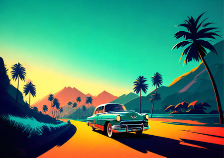 Vintage Car Cruising Down a Palm-Lined Roadの素材