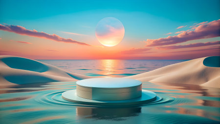 3d render of podium for product presentation on the beach at sunsetの素材