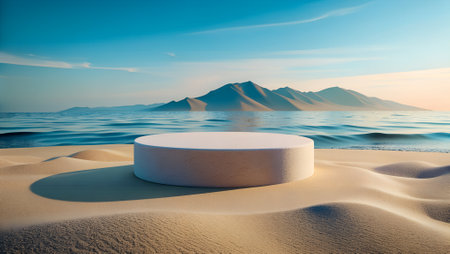 3d rendering of a white podium on the beach with mountains in the backgroundの素材