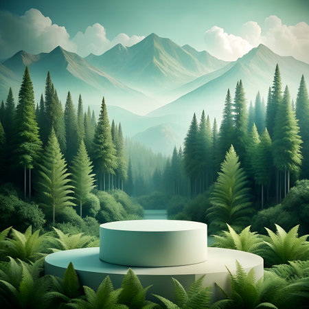 3d render, abstract background with podium, mountains and fernsの素材