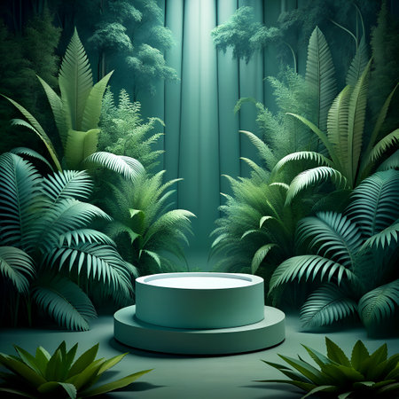 3d render, abstract green background with tropical plants and round podiumの素材