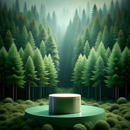 3d render of green podium in the middle of the forest.の素材