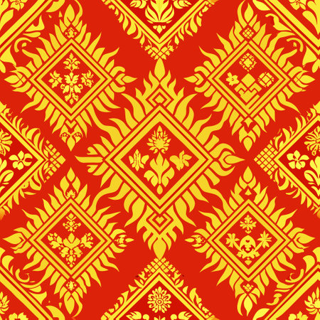 Seamless pattern of Thai style art on a red background.のイラスト素材