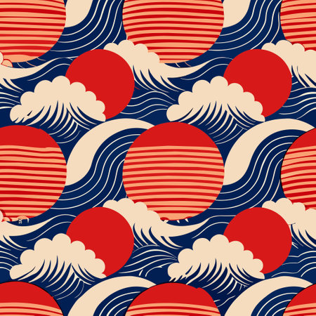 Seamless pattern with sea waves and sun. Vector illustration.のイラスト素材