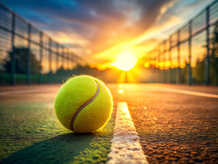 Tennis ball on the tennis court at sunset. Sport background.の写真素材