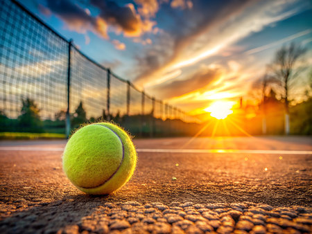 Tennis ball on the tennis court at sunset. Sport background.の写真素材