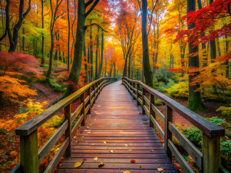 Wooden walkway in the autumn forest with colorful trees and fallen leavesの写真素材