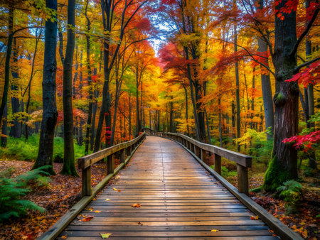 Wooden boardwalk in the autumn forest with colorful foliage. Fall season.の写真素材