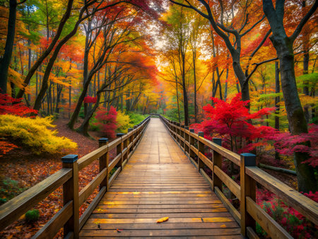 Wooden bridge in the autumn forest with colorful leaves. Nature backgroundの写真素材