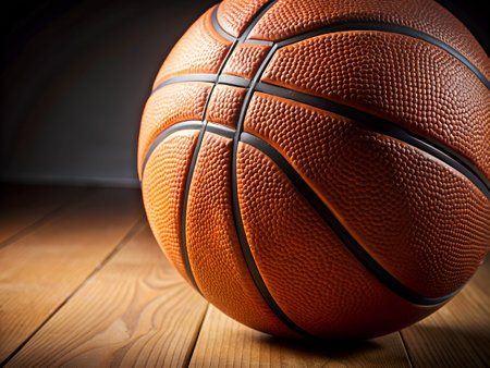 Basketball ball on wooden floor. Sport background. Close up.の写真素材