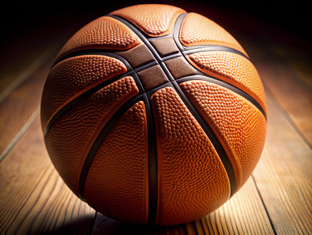 Basketball ball on wooden floor. Close-up. Sport backgroundの写真素材