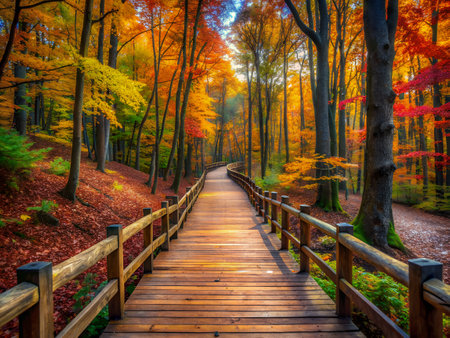 Wooden walkway in the autumn forest. Beautiful nature landscape.の写真素材