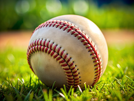 Baseball on the field with green grass background, soft focus.の写真素材