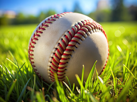 Baseball on the green grass in the park, soft focus backgroundの写真素材