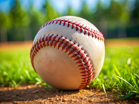 Baseball on the field with green grass and bokeh backgroundの写真素材