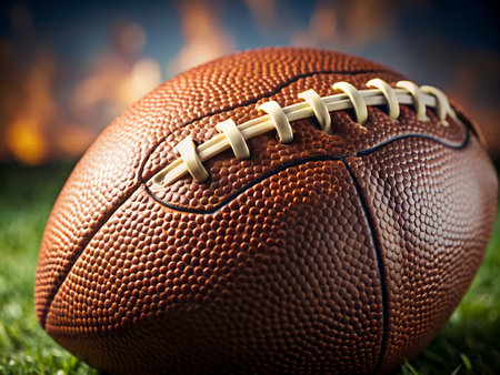 Closeup of american football ball on green grass with burning backgroundの写真素材