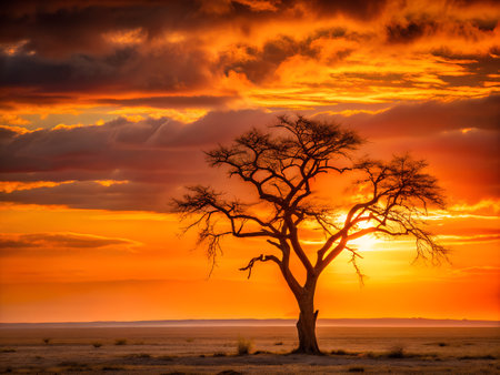 Sunset over a dry tree in the savannah of Namibiaの写真素材