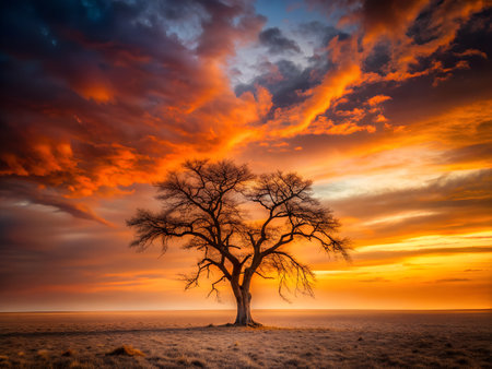 Beautiful winter landscape with lonely tree at sunset. Beauty world.の写真素材