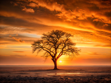 Beautiful sunset over a lonely tree in Namibia, Africa.の写真素材
