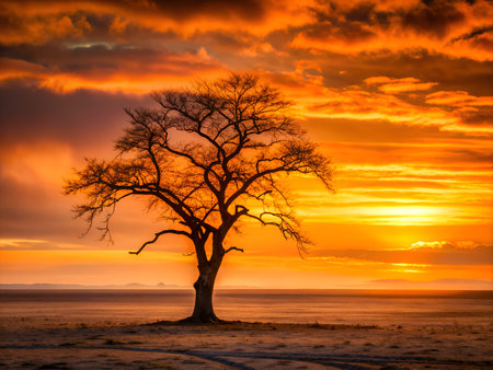 Lonely tree in the snow at sunset. Beautiful winter landscape.の写真素材