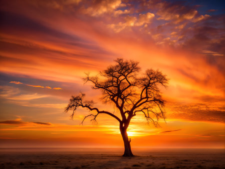 Silhouette of a tree at sunset in the winter season.の写真素材