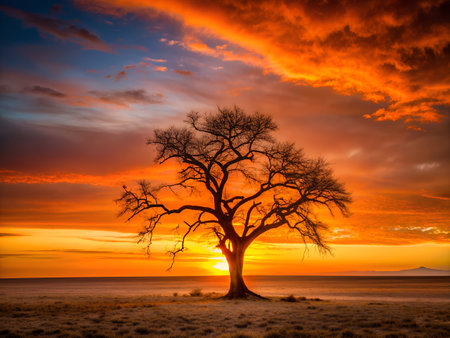 Beautiful sunset over a lonely tree on the beach in New Zealandの写真素材