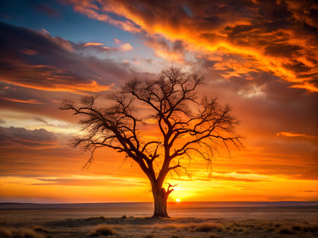 Sunset over a dead tree in the desert of Namibia.の写真素材