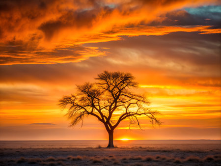 Lonely tree at sunset. Beautiful winter landscape with lonely tree at sunset.の写真素材