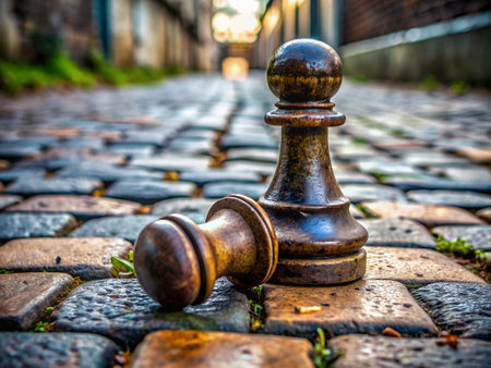 Old wooden chess pawns on a cobblestone street in the cityの写真素材