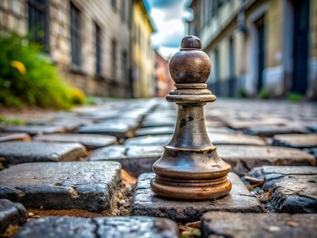 Chess Pawn on a cobblestone street in the Old Town of Prague, Czech Republicの写真素材