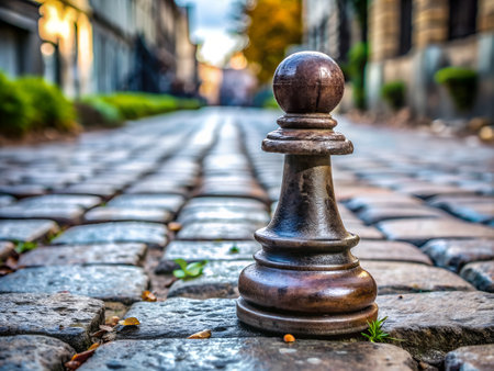 Black chess pawn on a cobblestone street in the city.の写真素材