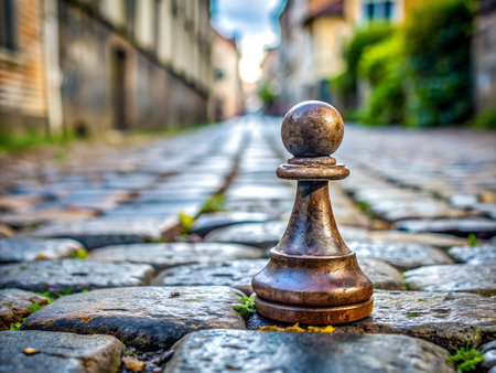 Wooden chess pawn on a cobblestone street in Prague, Czech Republicの写真素材