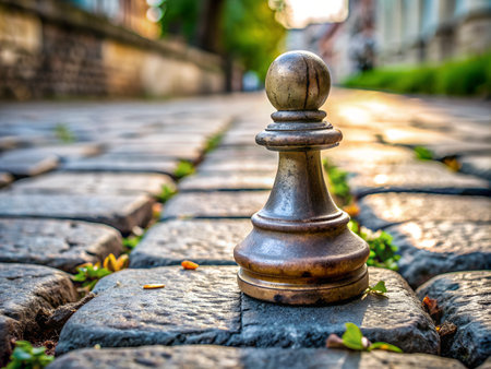 Black chess pawn on the cobblestone street. Selective focus.の写真素材