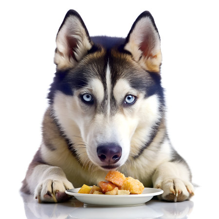 Siberian Husky dog eating food. isolated on white background.の写真素材