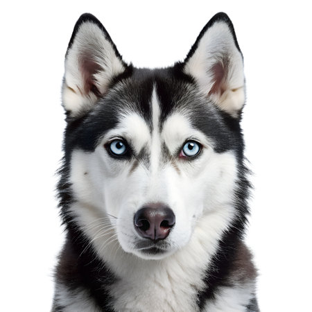 Close-up of a siberian husky with blue eyes, isolated on whiteの写真素材