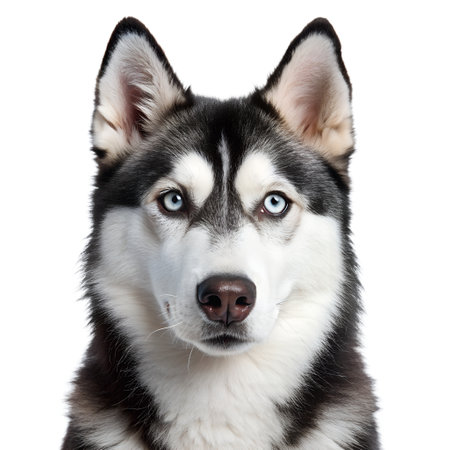 Close-up portrait of siberian husky on white backgroundの写真素材