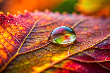 This close-up photo features a single, spherical water droplet on a green leaf. The water droplet is...