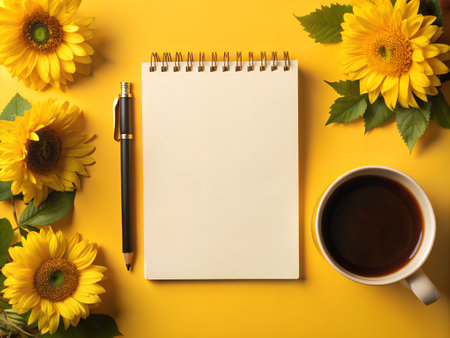 A spiral notepad with a blank white page is open in the center of the frame.pen_sparkの写真素材