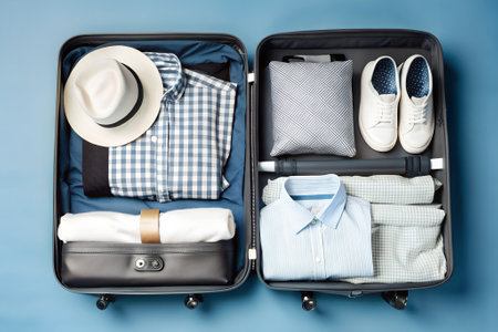 A partially open, black suitcase sits on a light colored floor. The suitcase is filled with colorful clothesの写真素材