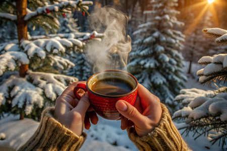 The image depicts a cozy winter scene where a person is holding a steaming black cup of hot beverage, likely coffee or tea, in the midst of a snowy forest.の写真素材