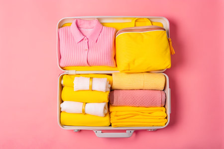 A partially open, black suitcase sits on a light colored floor. The suitcase is filled with colorful...