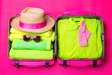 A partially open, black suitcase sits on a light colored floor. The suitcase is filled with colorful...