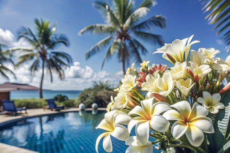 Close-up of tropical flowers and plants, blur beach backgroundの写真素材