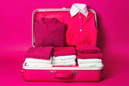 A partially open, black suitcase sits on a light colored floor. The suitcase is filled with colorful clothesの写真素材