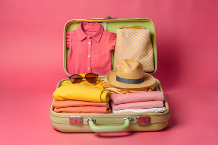 A partially open, black suitcase sits on a light colored floor. The suitcase is filled with colorful...