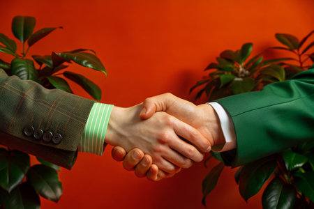The image captures a close-up of a handshake between two individuals, likely in a business or professional setting. Both individuals are wearing business attire;の写真素材
